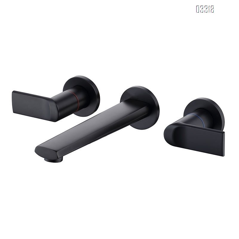 Brass wall-mounted recessed double handle cold and Hot bathroom sink  Black cold and hot water Three hole Separate basin faucet