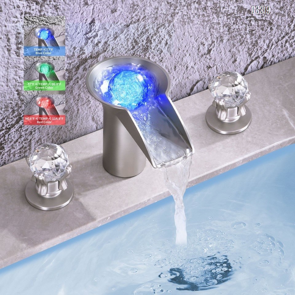 Brass crystal ball cold and hot LED temperature-sensitive color-changing luminous wash waterfall Three hole Separate basin faucet