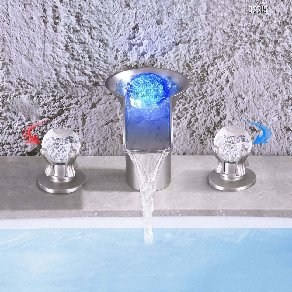 Brass crystal ball cold and hot LED temperature-sensitive color-changing luminous wash waterfall Three hole Separate basin faucet