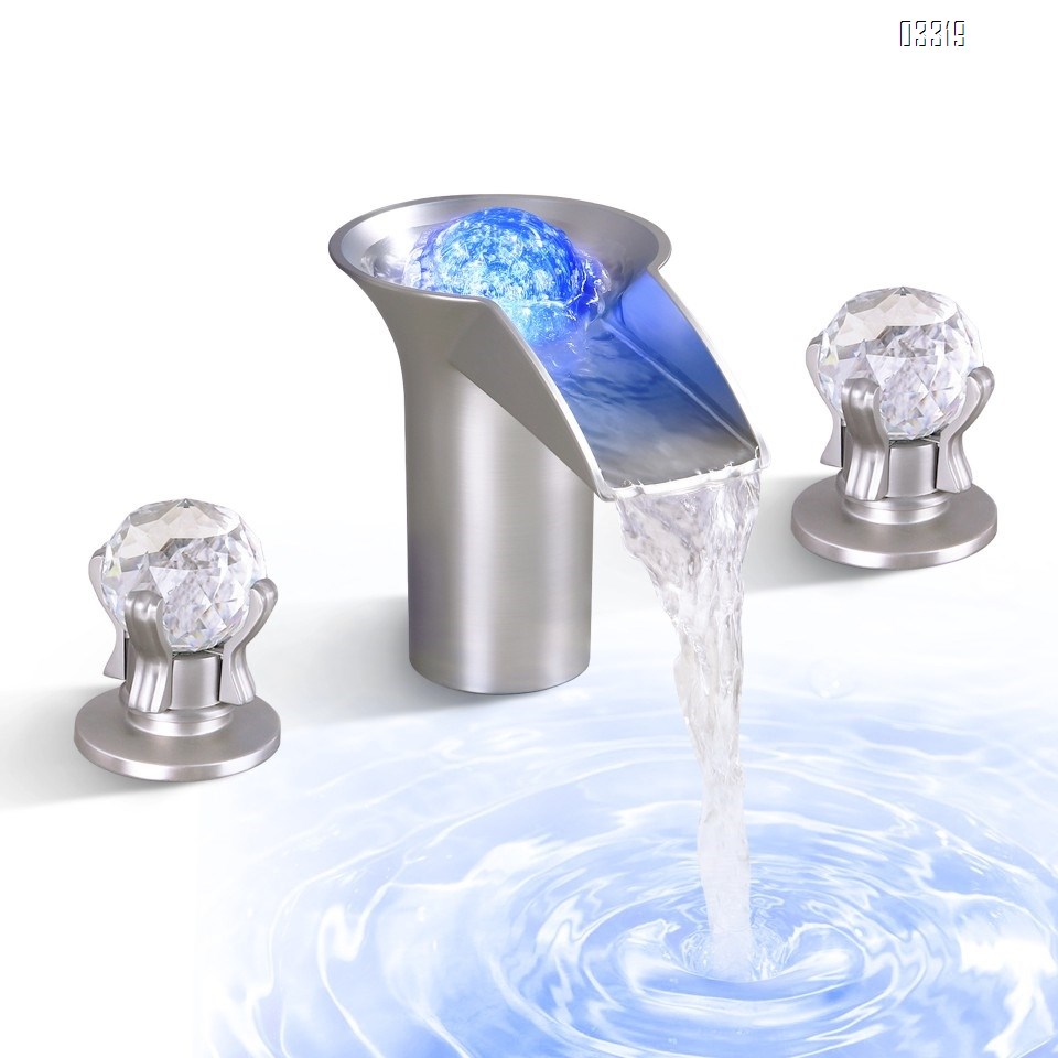 Brass crystal ball cold and hot LED temperature-sensitive color-changing luminous wash waterfall Three hole Separate basin faucet