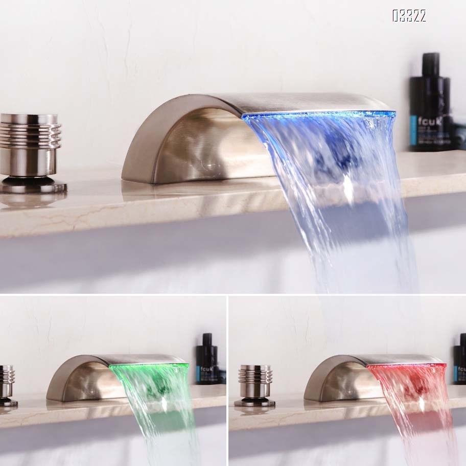 Brass cold and hot LED temperature-sensitive color-changing luminous wash waterfall Three hole Separate basin faucet
