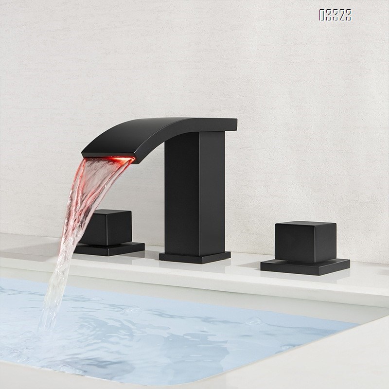 Cold and hot platform basin bathroom sitting three-hole Separate Brass LED hydraulic luminous waterfall outlet surface basin faucet