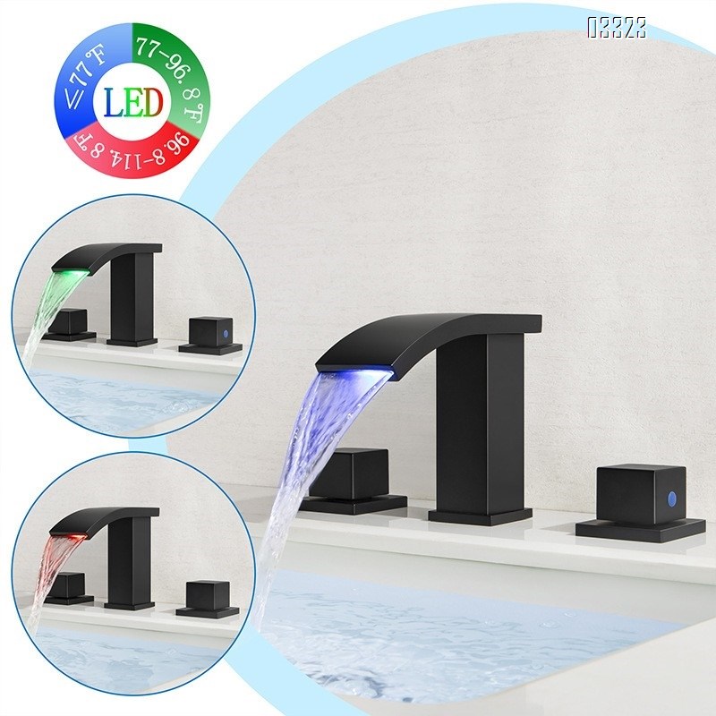 Cold and hot platform basin bathroom sitting three-hole Separate Brass LED hydraulic luminous waterfall outlet surface basin faucet