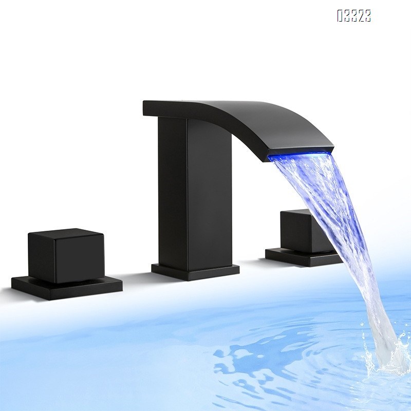 Cold and hot platform basin bathroom sitting three-hole Separate Brass LED hydraulic luminous waterfall outlet surface basin faucet