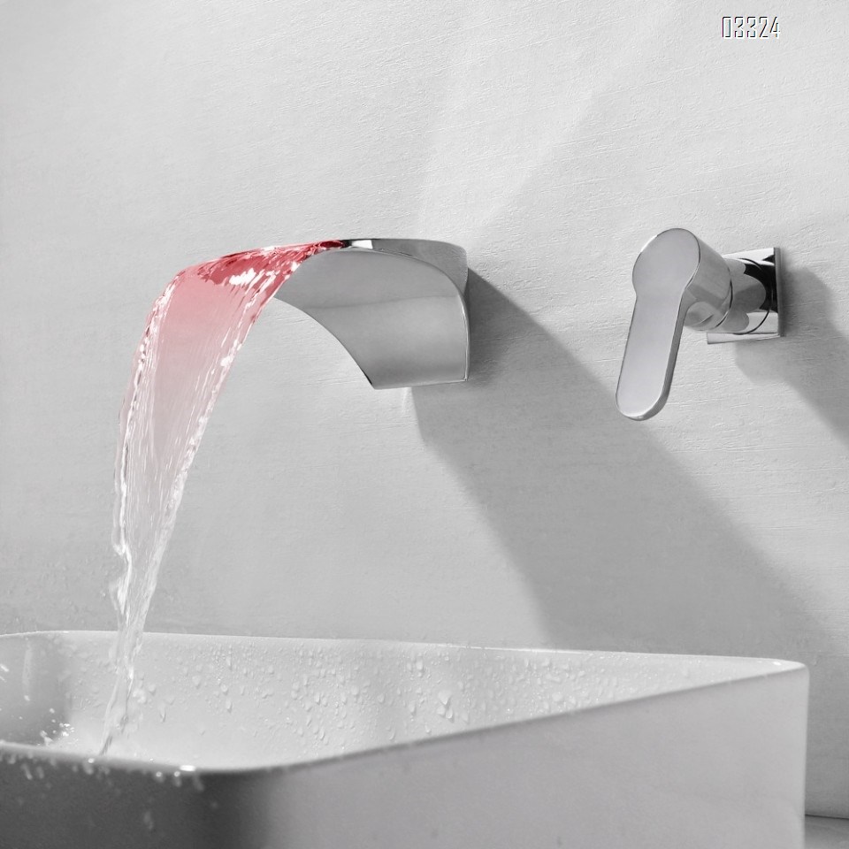 Brass wash basin with LED temperature control and waterfall bath Two hole Separate Bathroom sink wall mounted Basin Best Faucets Tap Basin