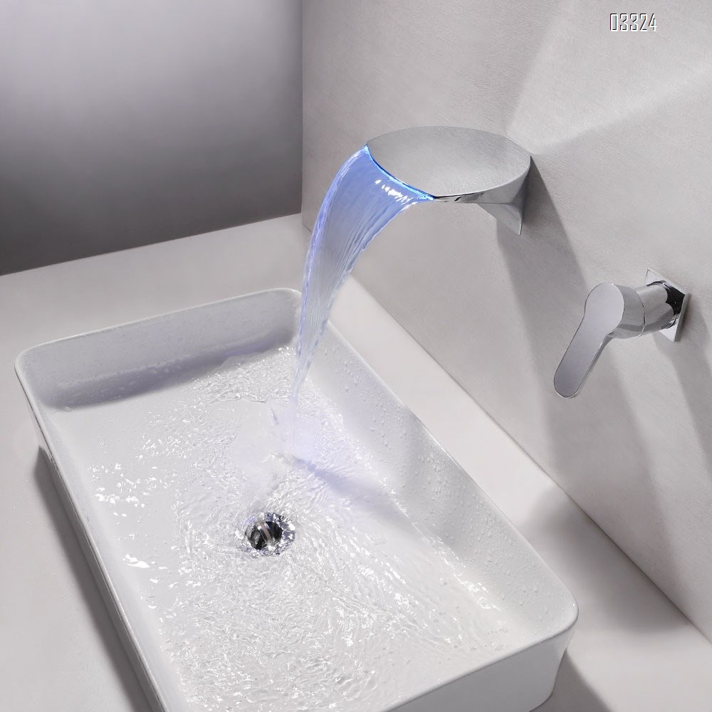 Brass wash basin with LED temperature control and waterfall bath Two hole Separate Bathroom sink wall mounted Basin Best Faucets Tap Basin