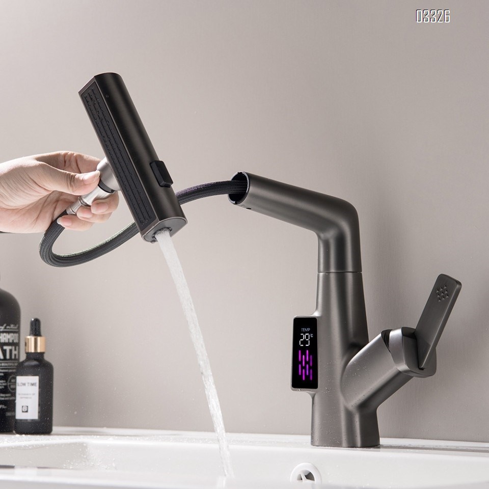 Zinc alloy pull-out modern Bathroom sink water Basin Best Faucets Tap Cold and hot single hole multi-function Digital display rotated Faucets