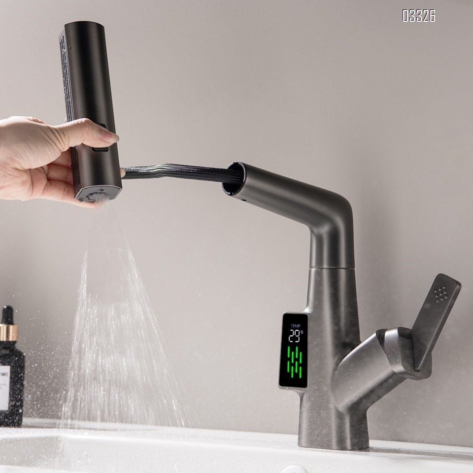 Zinc alloy pull-out modern Bathroom sink water Basin Best Faucets Tap Cold and hot single hole multi-function Digital display rotated Faucets