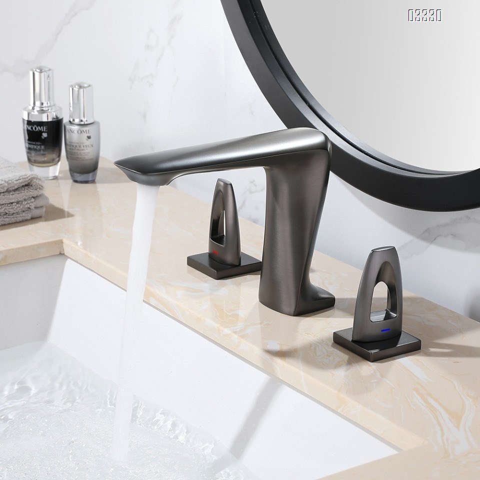 Brass Gun Grey Three hole Separate modern Bathroom sink water Basin Best Faucets Tap Double handle cold and hot faucets