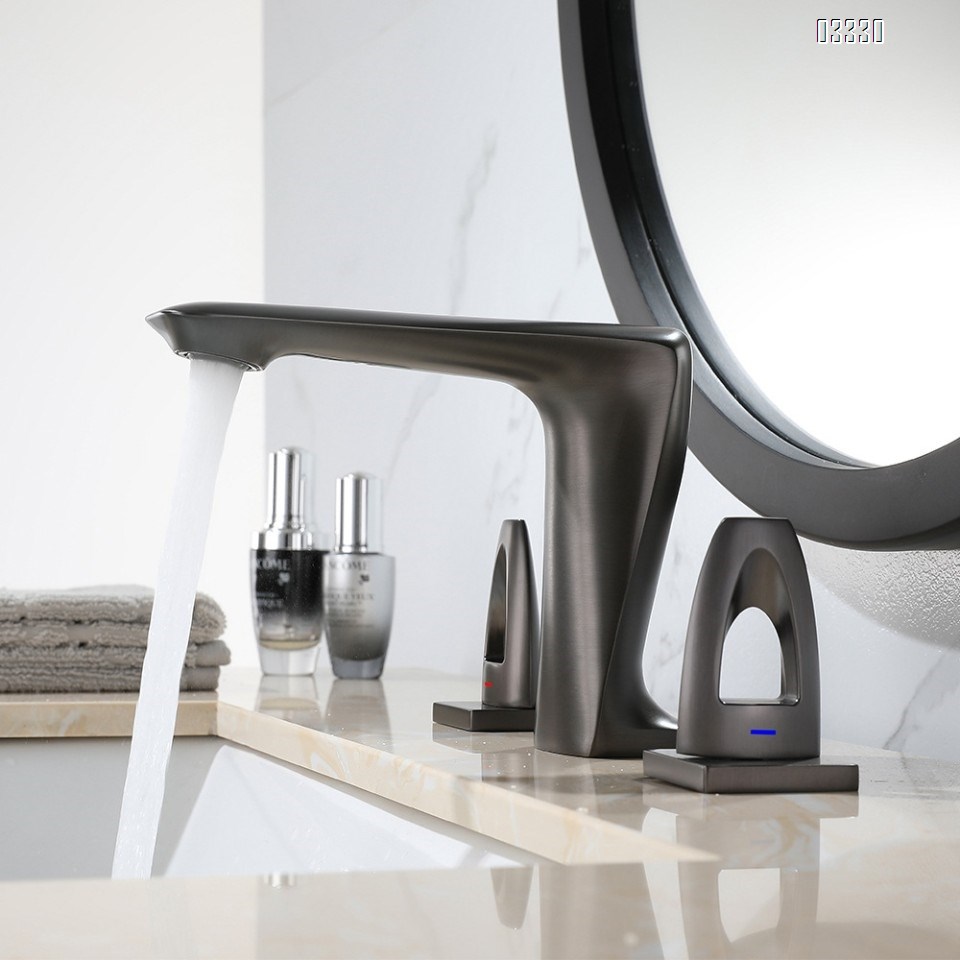 Brass Gun Grey Three hole Separate modern Bathroom sink water Basin Best Faucets Tap Double handle cold and hot faucets