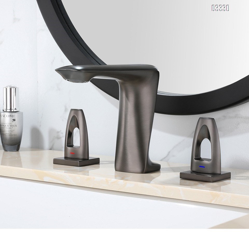 Brass Gun Grey Three hole Separate modern Bathroom sink water Basin Best Faucets Tap Double handle cold and hot faucets