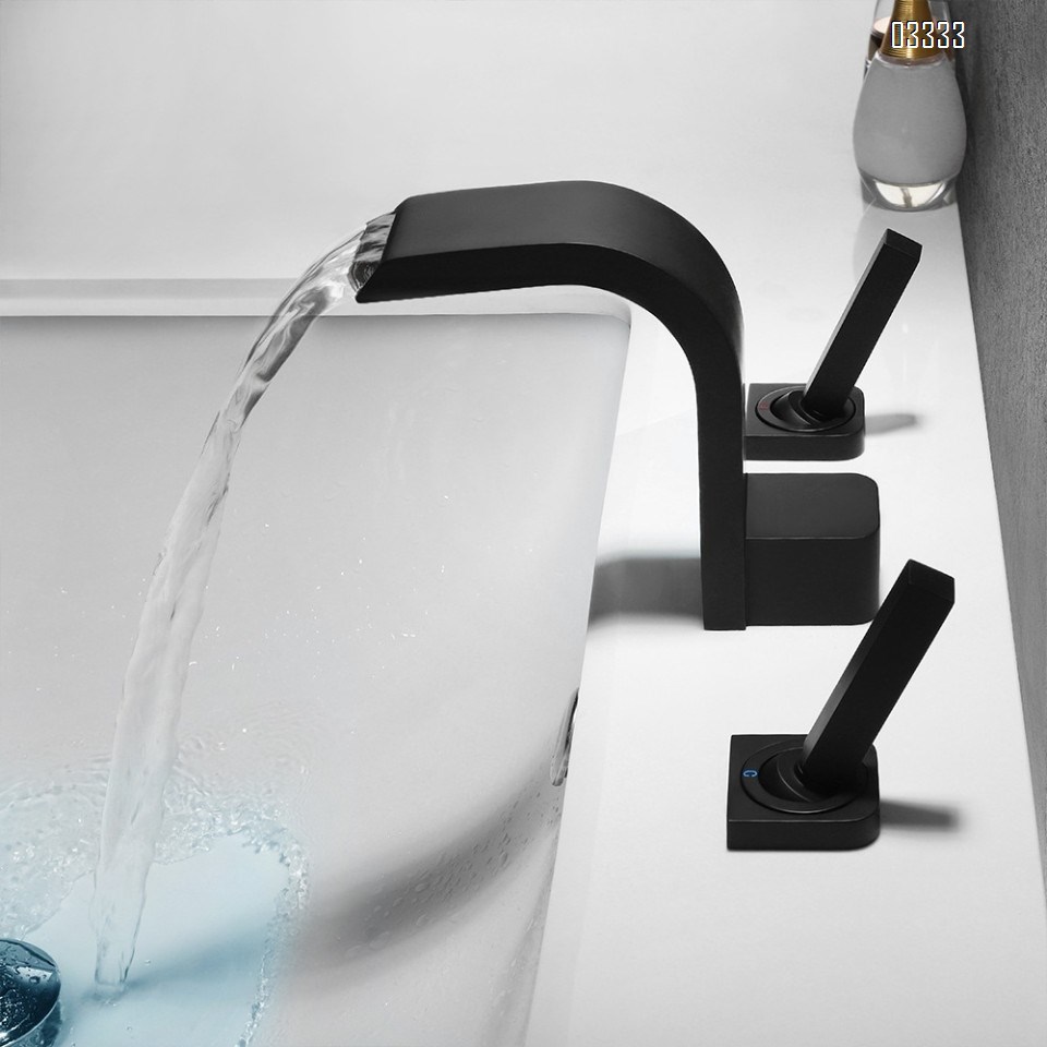 Brass Black Three hole Separate modern Bathroom sink water Basin Best Faucets Tap Double handle waterfall cold and hot faucet