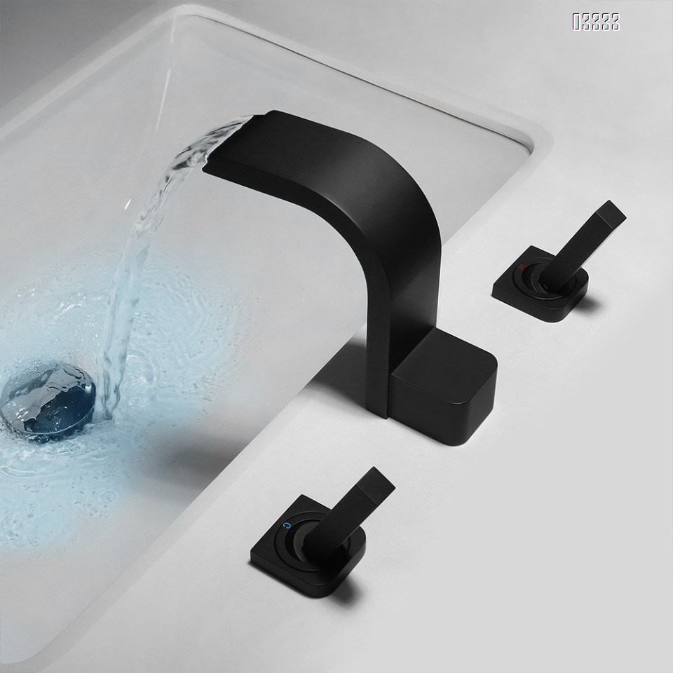 Brass Black Three hole Separate modern Bathroom sink water Basin Best Faucets Tap Double handle waterfall cold and hot faucet