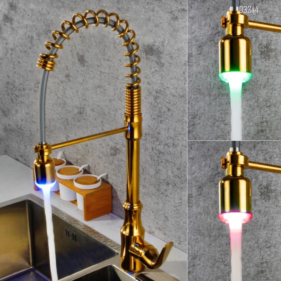 Brass Simple Spring modern Kitchen sink water Best Faucets Tap cold and hot mixing LED rotate pull-out kitchen faucet