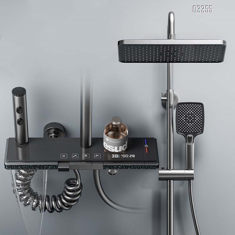 Gun gray shower head faucet set with Brass smart digital display faucet constant temperature bathroom shower four-gear pressure increase