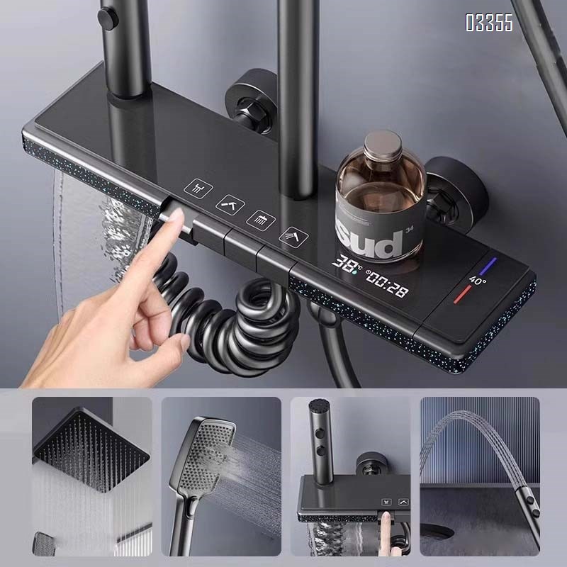 Gun gray shower head faucet set with Brass smart digital display faucet constant temperature bathroom shower four-gear pressure increase