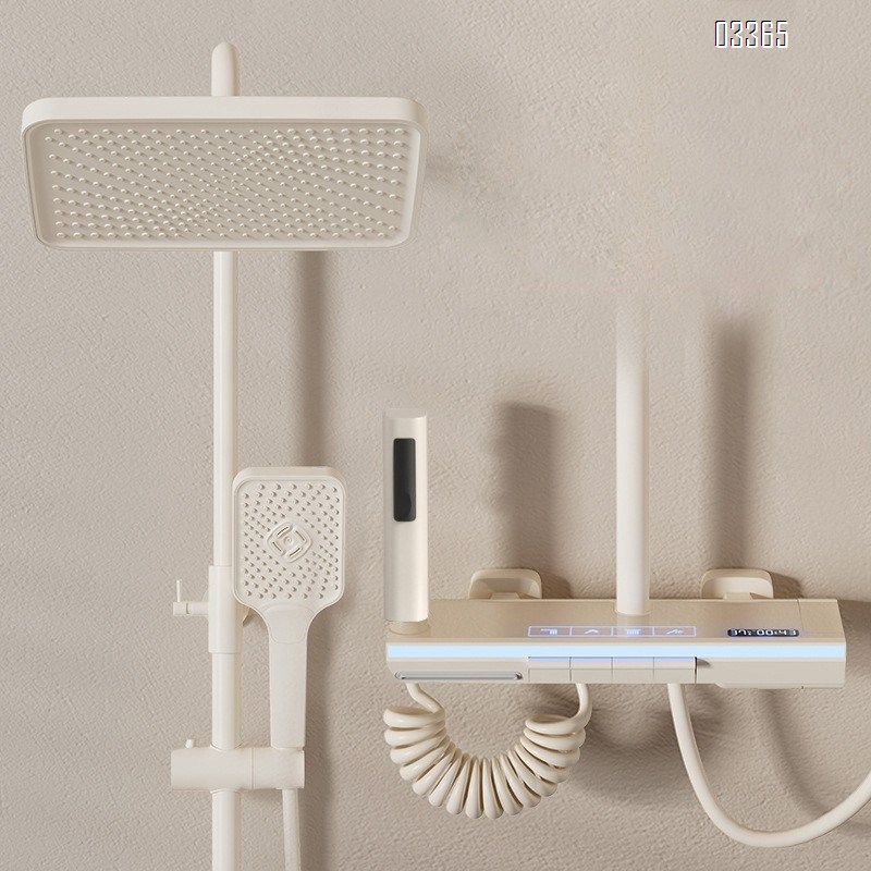 White milk-likeThemostatic  atmosphere light shower head set bathroom brass constant temperature pressure display piano key shower device