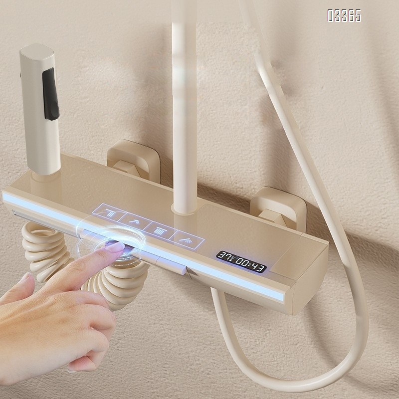 White milk-likeThemostatic  atmosphere light shower head set bathroom brass constant temperature pressure display piano key shower device