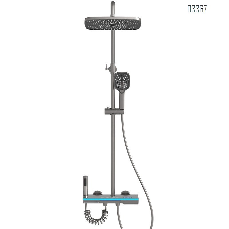 Gun gray Themostatic atmosphere light rain shower head set bathroom brass constant temperature pressure display piano key Tap