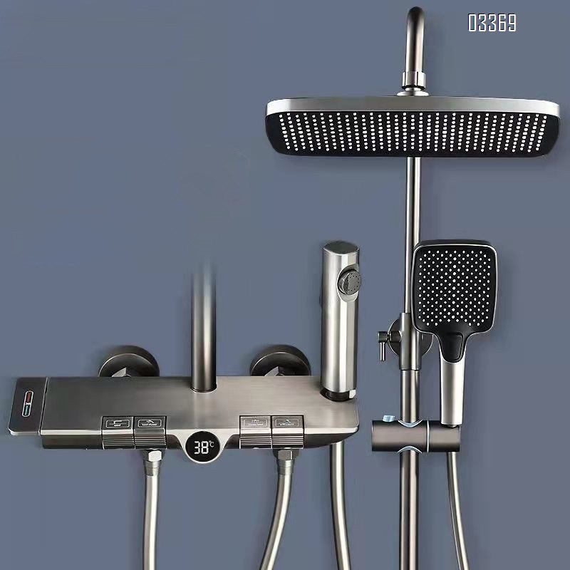 Themostatic High-end full Brass gun gray piano key shower head set home digital display constant temperature intelligent shower set