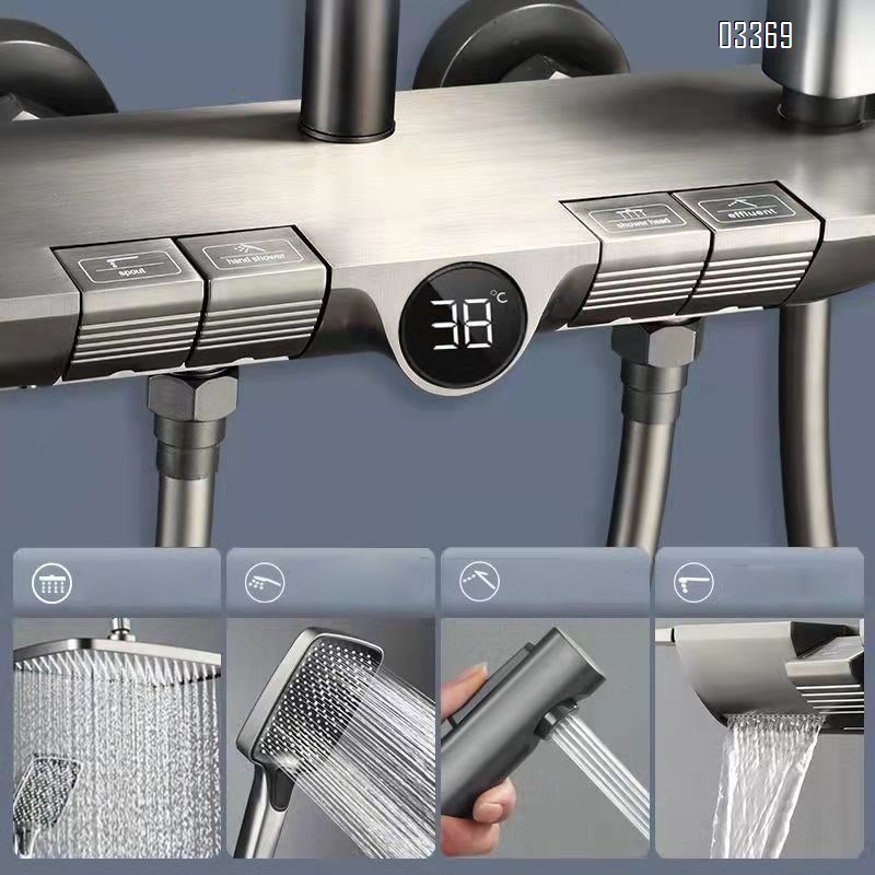 Themostatic High-end full Brass gun gray piano key shower head set home digital display constant temperature intelligent shower set