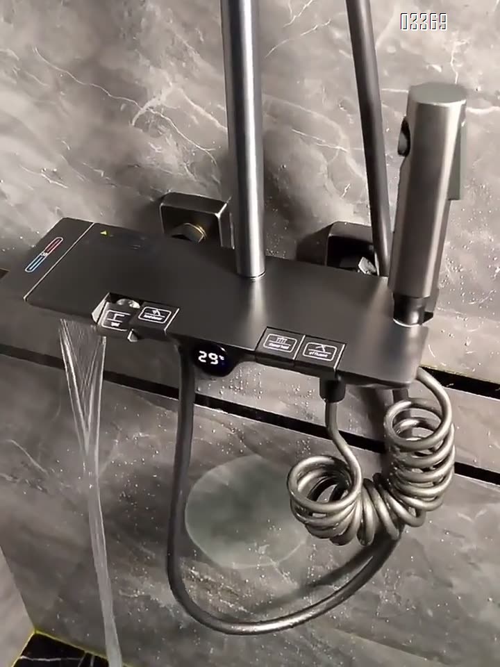 Themostatic High-end full Brass gun gray piano key shower head set home digital display constant temperature intelligent shower set