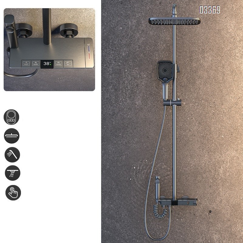 Themostatic High-end full Brass gun gray piano key shower head set home digital display constant temperature intelligent shower set