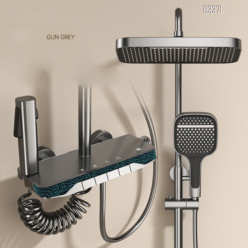 All-Brass gun gray digital atmosphere light four-gear shower set for home bathroom and toilet to increase pressure for shower
