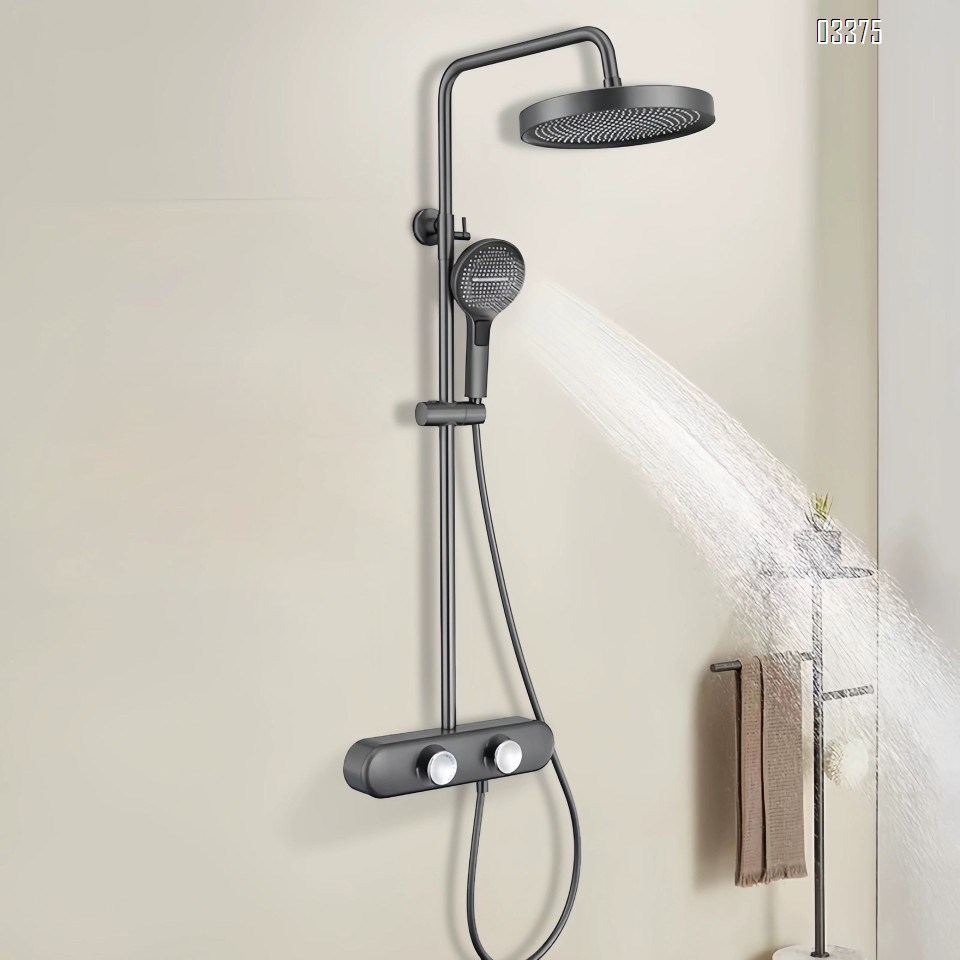 Gun Grey Shower Head Set All Brass Minimalist Home Use Cold Hot Storage Small Apartment Bathroom Rotating Shower Nozzle