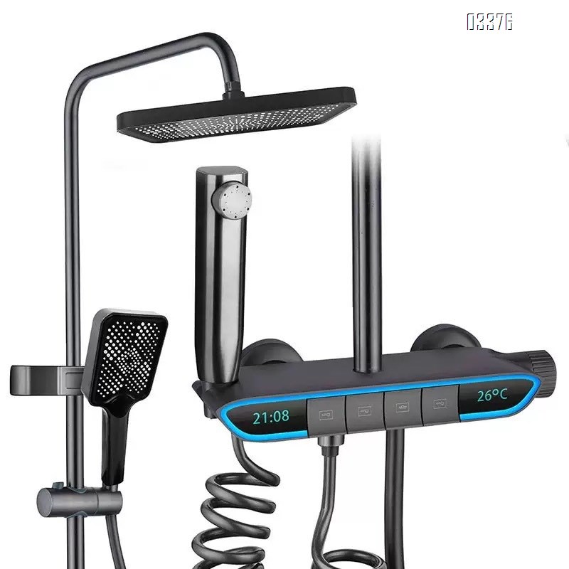 Shower Head Set with Digital Display All Brass Bathroom Cold and Hot Water Shower Head Home Bath Piano Key Shower Head