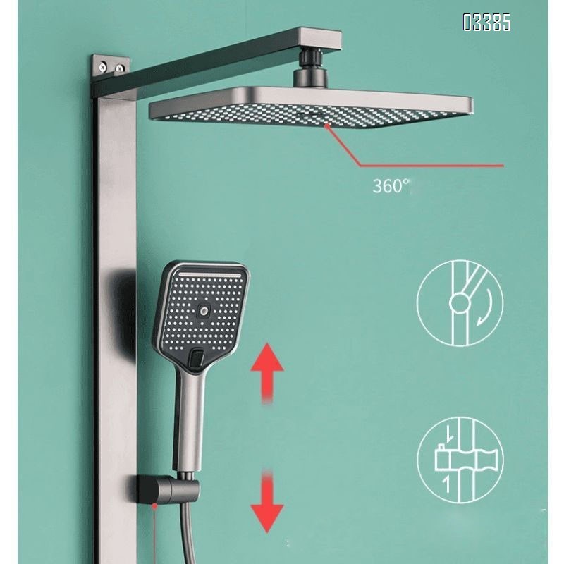 Gun gray square pipe wall-mounted constant temperature pressure shower set with piano key large storage shelf and mood lighting