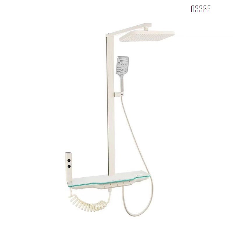 Gun gray square pipe wall-mounted constant temperature pressure shower set with piano key large storage shelf and mood lighting