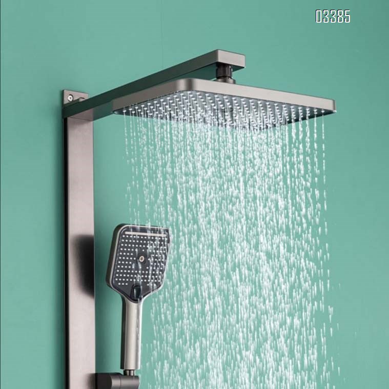 Gun gray square pipe wall-mounted constant temperature pressure shower set with piano key large storage shelf and mood lighting