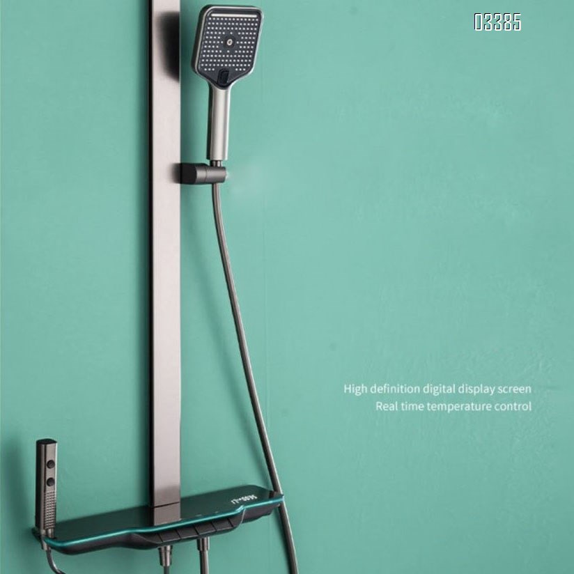 Gun gray square pipe wall-mounted constant temperature pressure shower set with piano key large storage shelf and mood lighting