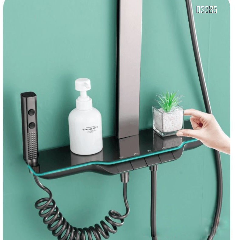 Gun gray square pipe wall-mounted constant temperature pressure shower set with piano key large storage shelf and mood lighting