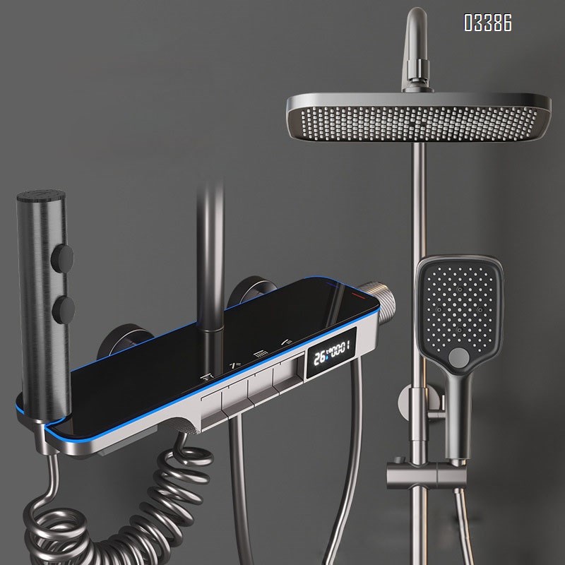 Themsotatic Full Brass luxury pressure gun gray piano key temperature display home shower set shower head set