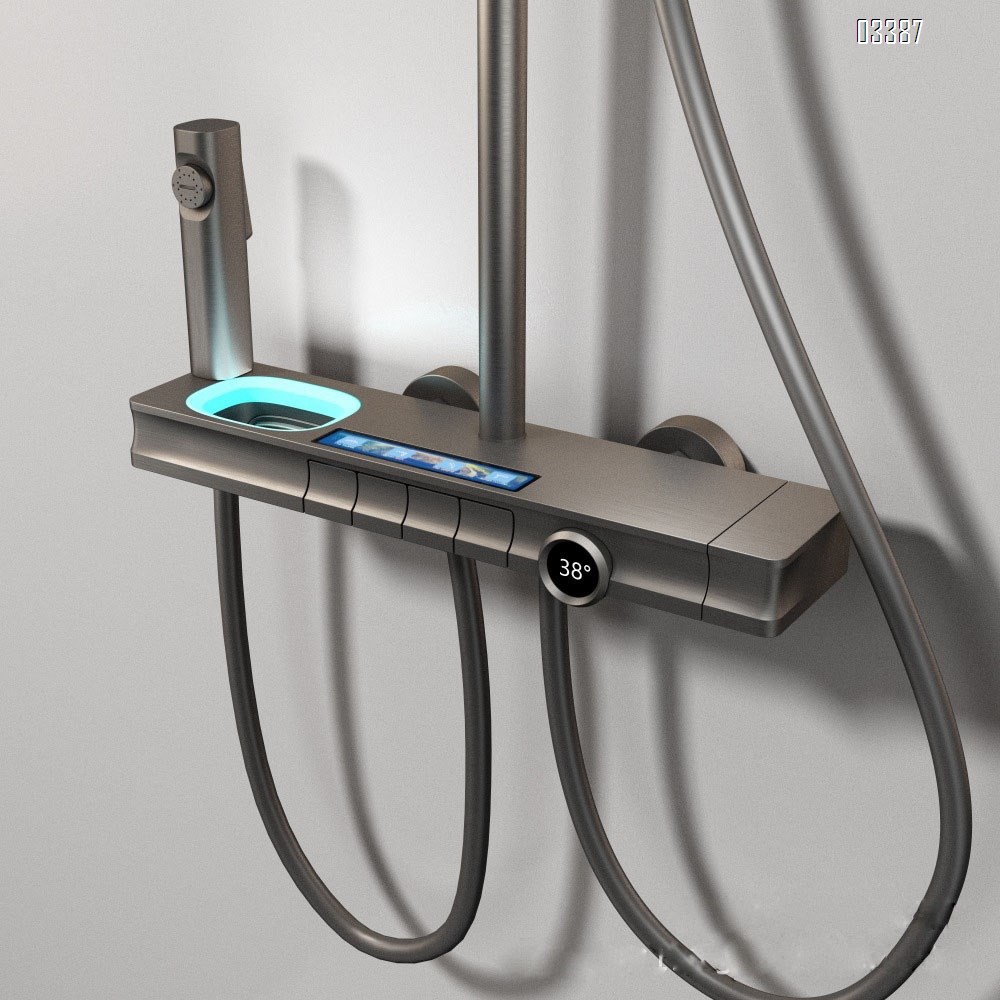 Full Brass digital shower head set for home use all Brass mixing valve to increase pressure waterfall atmosphere light gun gray