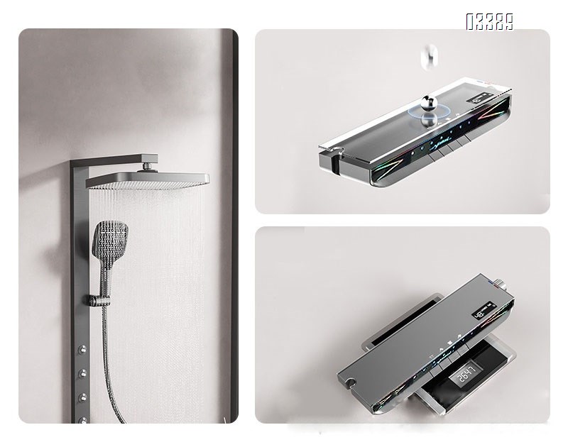 Full Brass shower head set for home bathroom with temperature control and pressure spray head gun gray rain shower