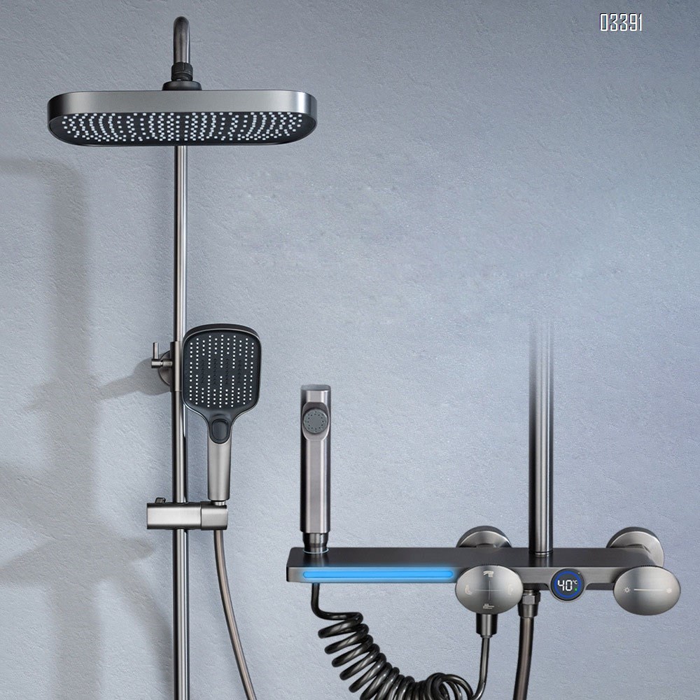Smart digital gun gray shower faucet set with piano constant temperature display Brass pressure increasing Tap for home bathroom