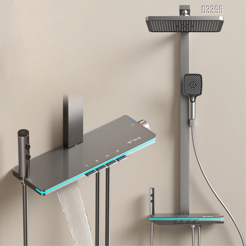 Shower head set intelligent full brass set of bathroom home shower shelf tempered glass shelf