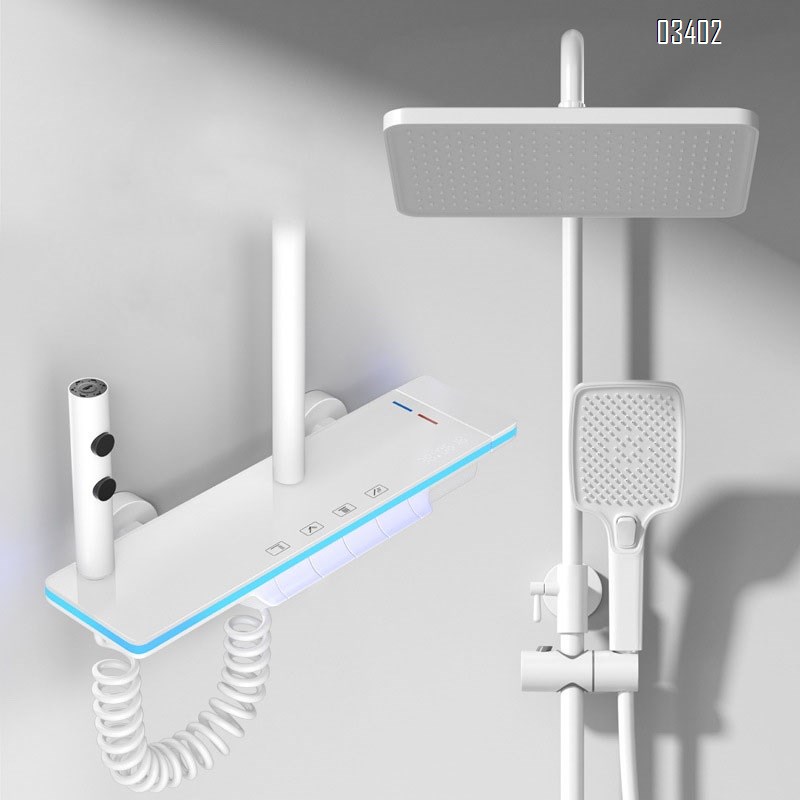 New wall-mounted milk white thermostatic shower head set with a large storage shelf for multifunctional pressure increase