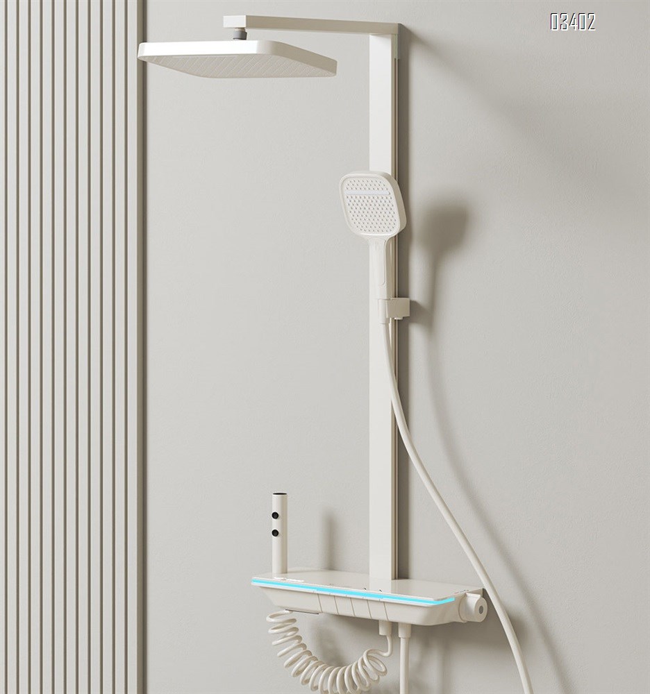 New wall-mounted milk white thermostatic shower head set with a large storage shelf for multifunctional pressure increase