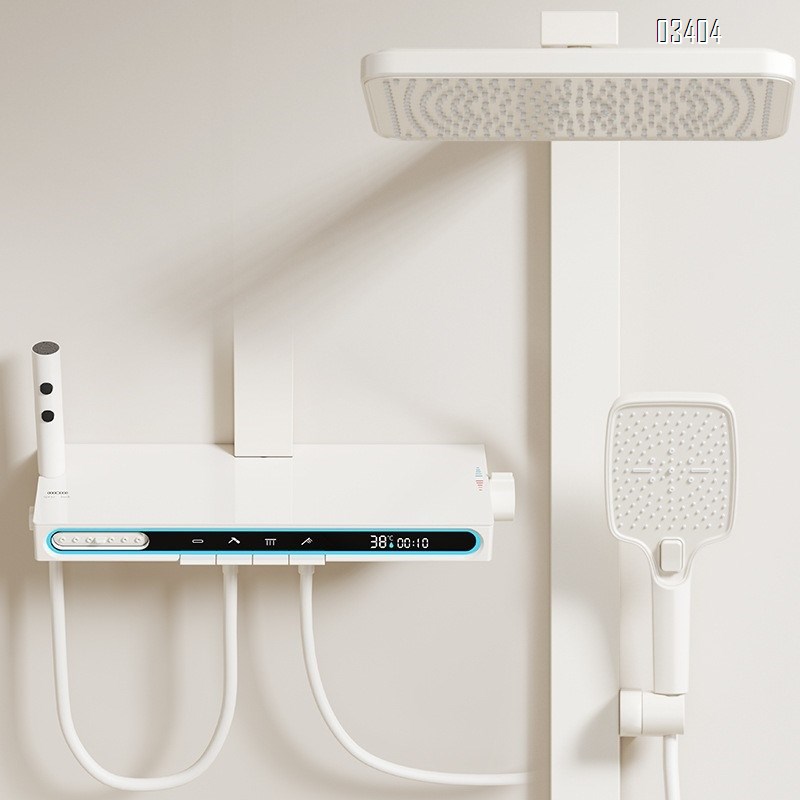 Cream-style white thermostatic shower faucet set with smart  LED light square tube bathroom rain shower all Brass with lift function