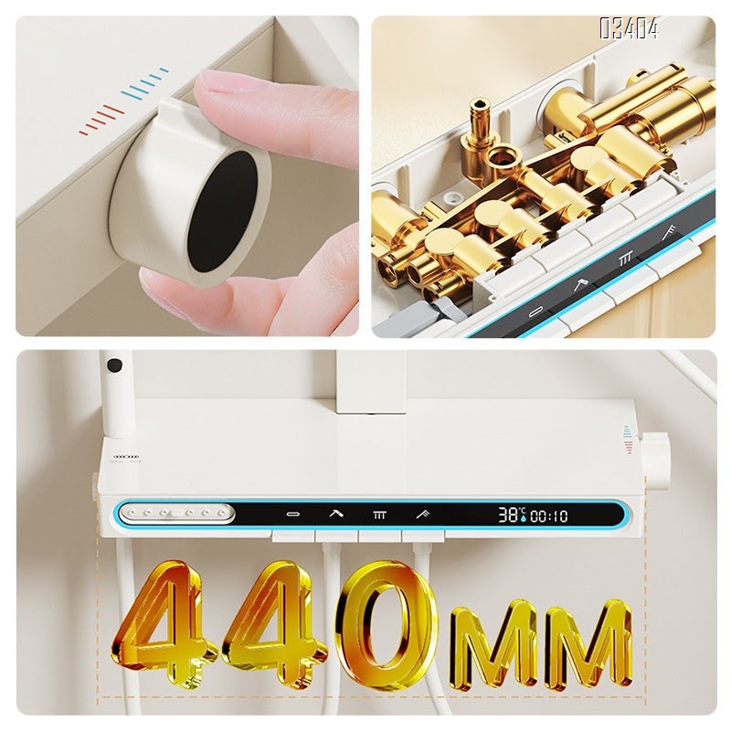 Cream-style white thermostatic shower faucet set with smart  LED light square tube bathroom rain shower all Brass with lift function