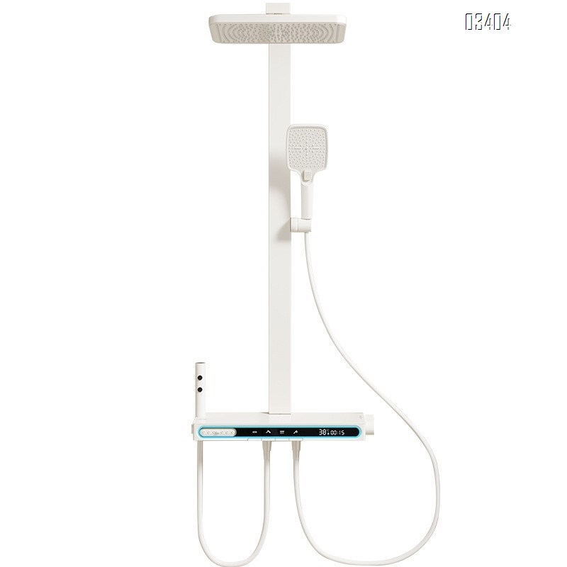 Cream-style white thermostatic shower faucet set with smart  LED light square tube bathroom rain shower all Brass with lift function