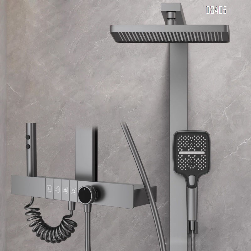 Gun Grey Smart Thermostatic Digital Shower Head Set Full Copper Ambient Light Home Bathroom Rain Shower Head with Pressure Boosting Spray