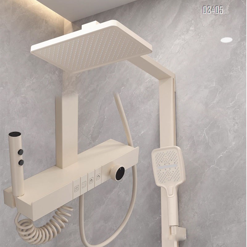 Gun Grey Smart Thermostatic Digital Shower Head Set Full Copper Ambient Light Home Bathroom Rain Shower Head with Pressure Boosting Spray