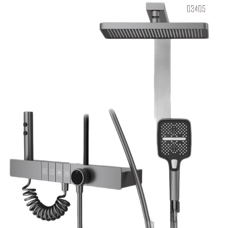Gun Grey Smart Thermostatic Digital Shower Head Set Full Copper Ambient Light Home Bathroom Rain Shower Head with Pressure Boosting Spray