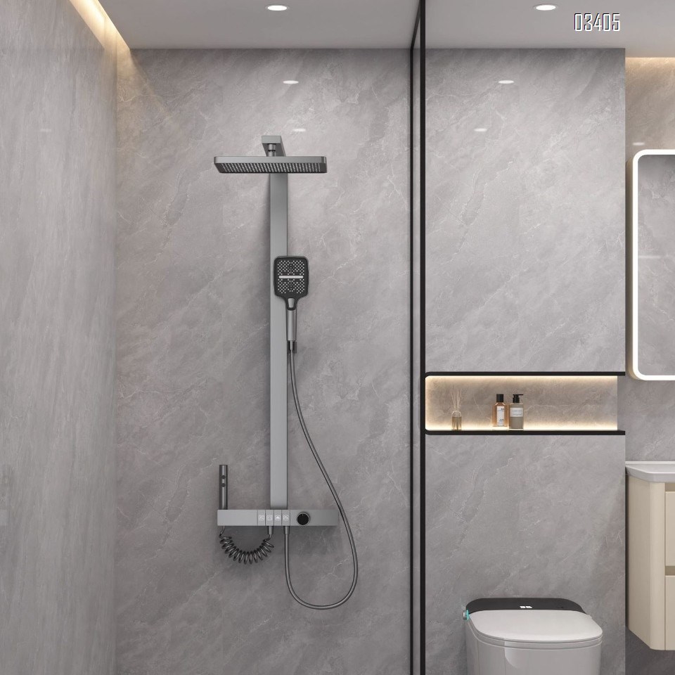 Gun Grey Smart Thermostatic Digital Shower Head Set Full Copper Ambient Light Home Bathroom Rain Shower Head with Pressure Boosting Spray