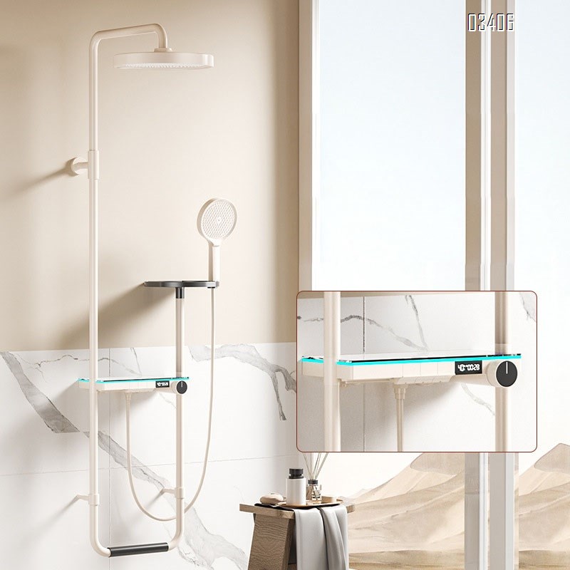 piano key shower head set milky white digital mood light large storage shelf pressure-boosting shower head